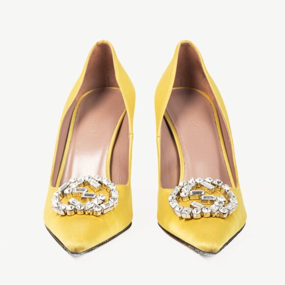 Gucci Yellow Raso Seta Crystal-GG Pointed-Toe Pumps - Picture 2 of 10